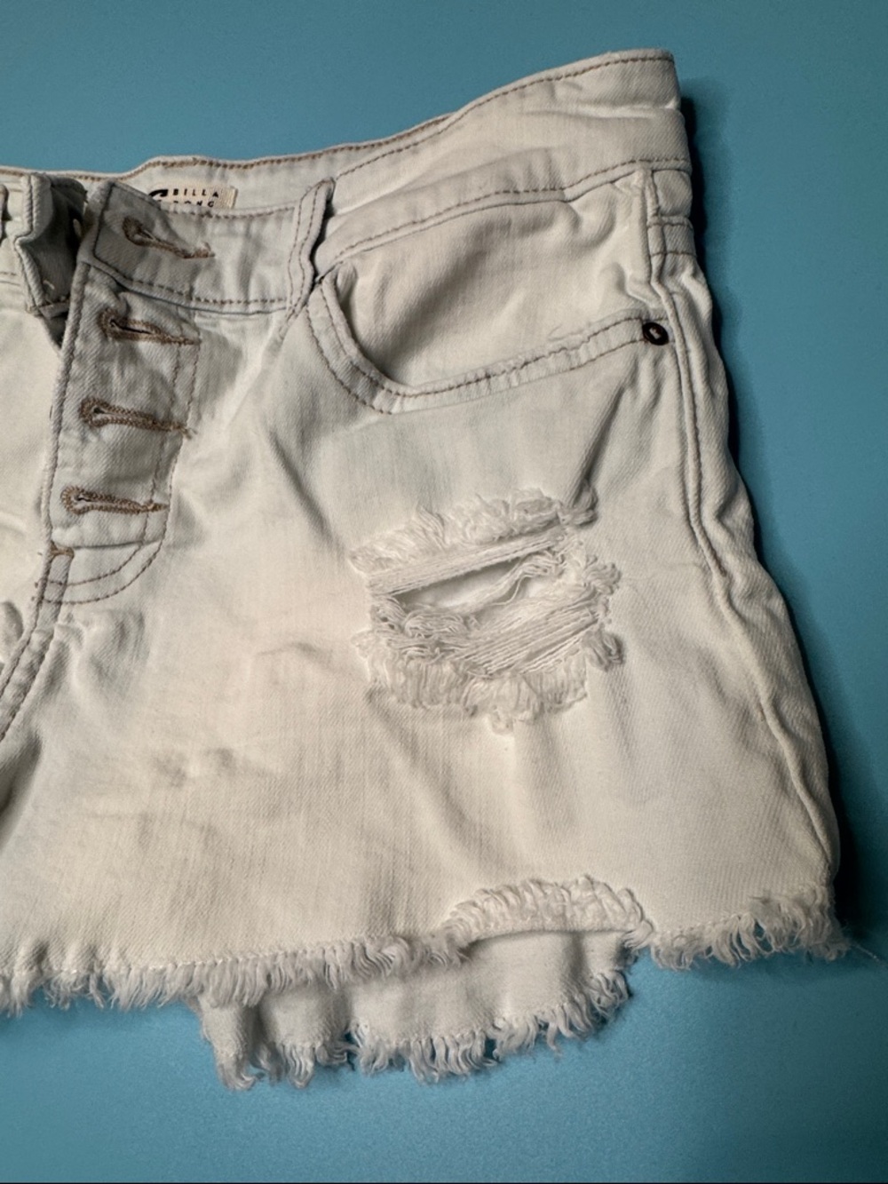Billabong White Distressed Denim Cutoff Shorts with Button-Fly - Picture 3 of 5